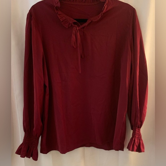 Women’s Red Blouse w/Ruffle Tie Collar & Elastic Smocked Long Sleeve; Size L - Picture 3 of 9